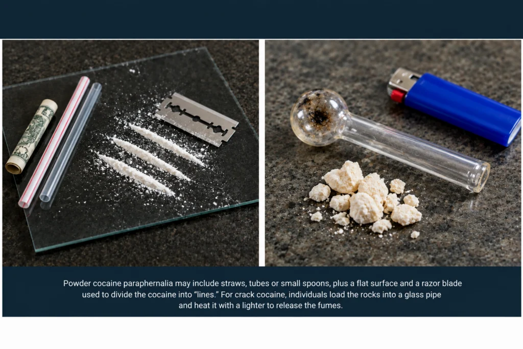 Cocaine paraphernalia including a rolled bill, razor blade and glass pipe